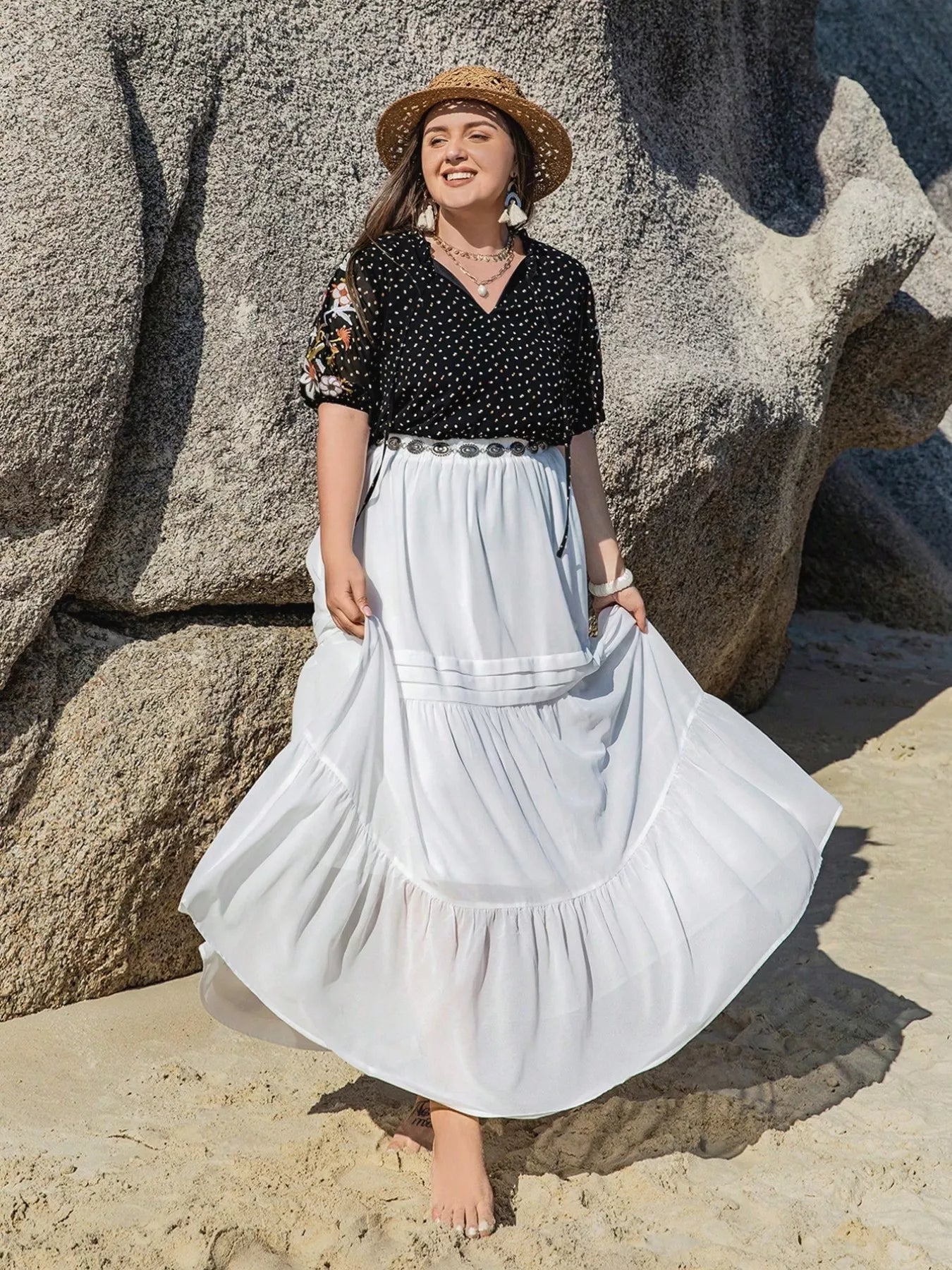 Plus Size Printed Tie Neck Half Sleeve Blouse - MAD RUFFI