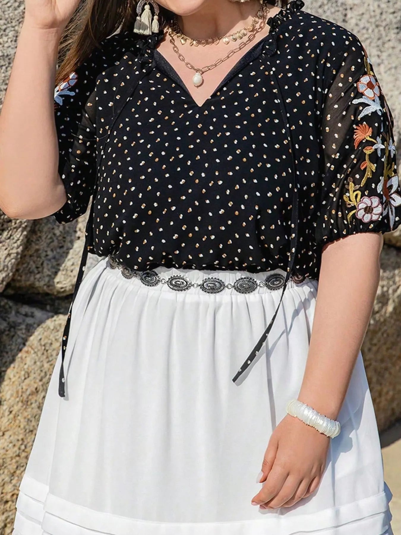 Plus Size Printed Tie Neck Half Sleeve Blouse - MAD RUFFI