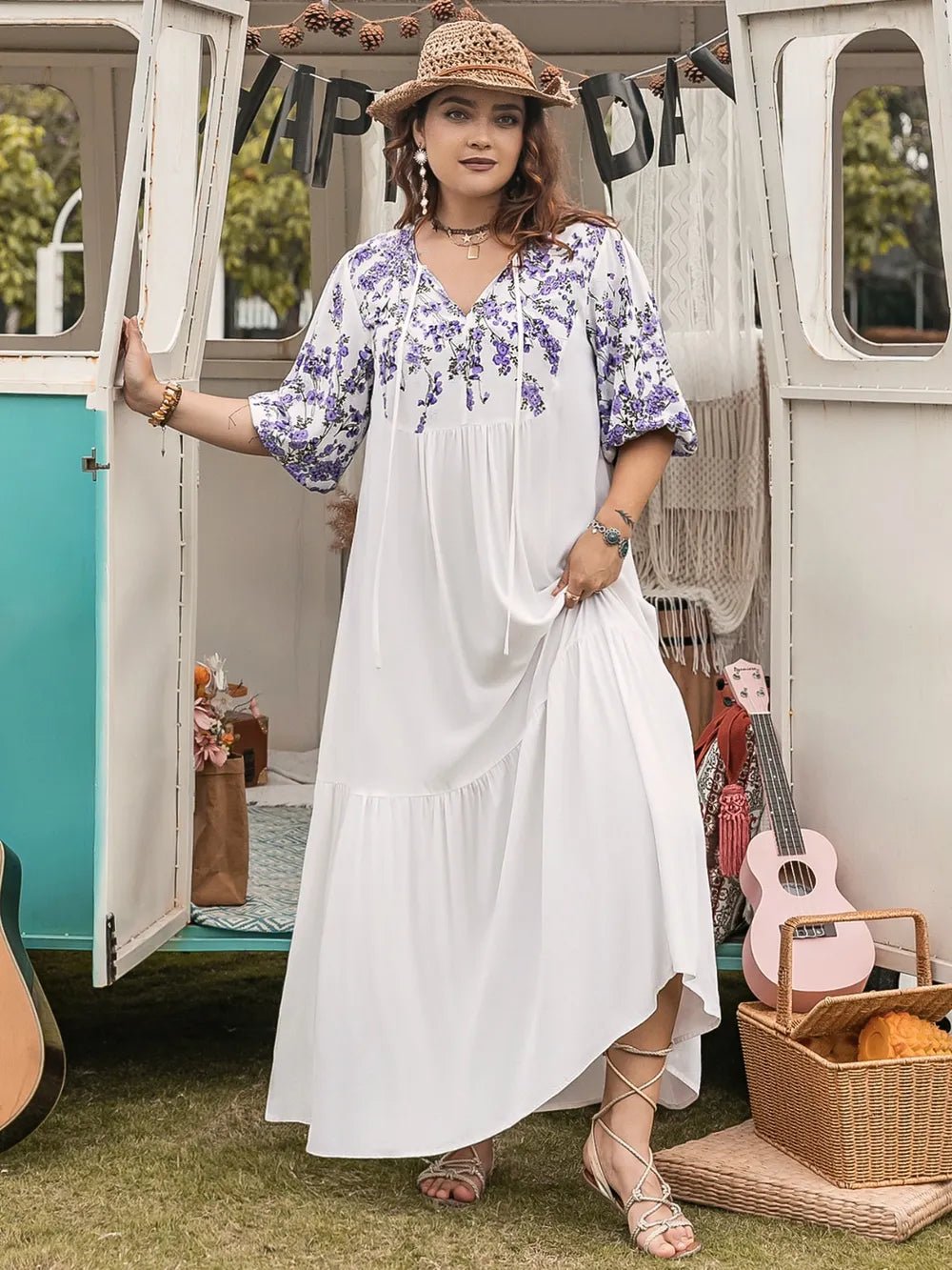 Plus Size Printed Tie Neck Half Sleeve Maxi Dress - MAD RUFFI