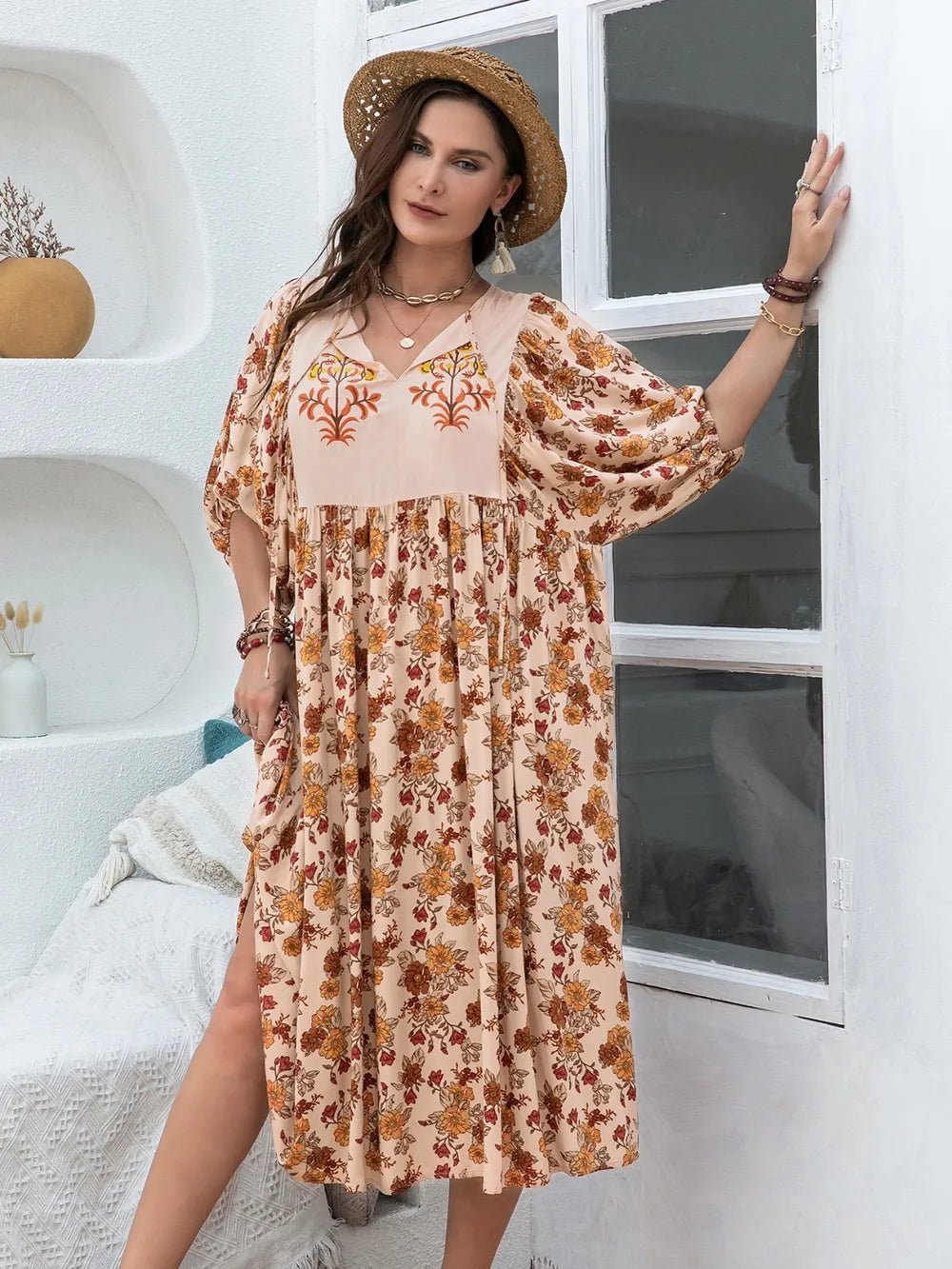 Plus Size Printed Tie Neck Half Sleeve Midi Dress - MAD RUFFI