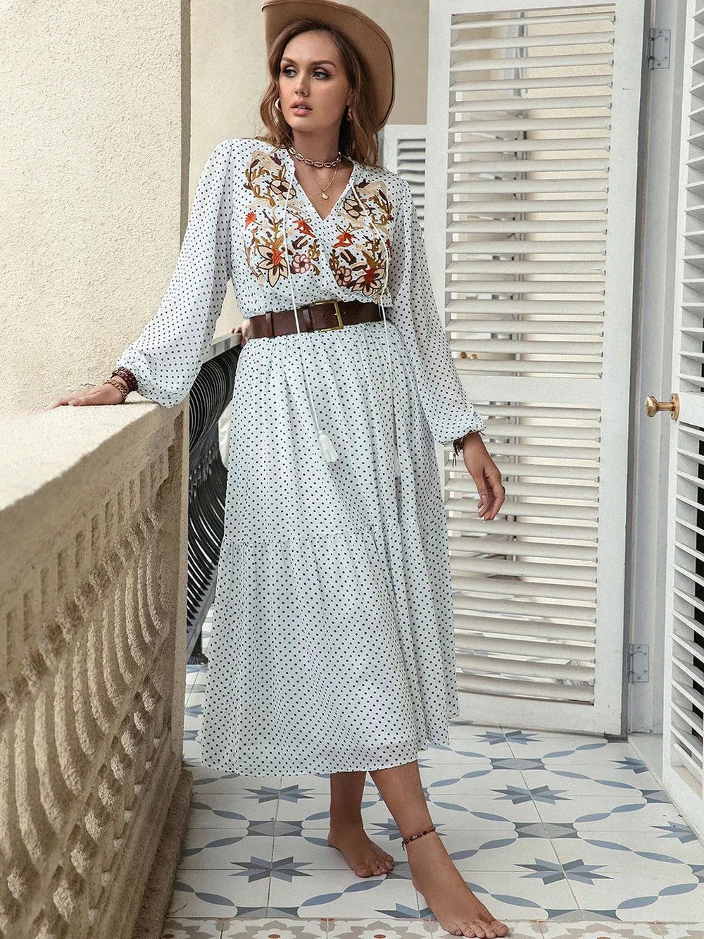 Plus Size Printed Tie Neck Long Sleeve Midi Dress - MAD RUFFI