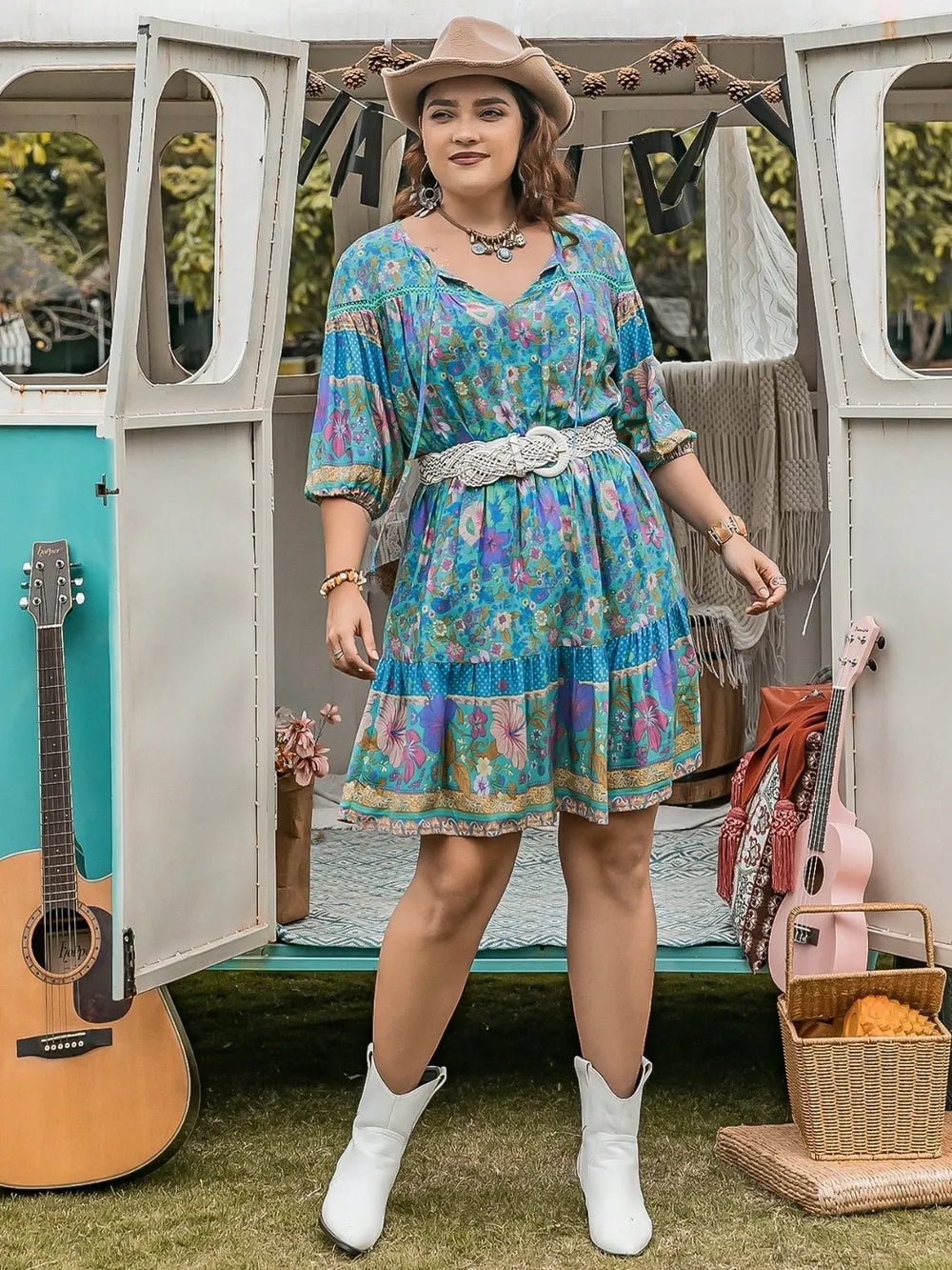 Plus Size Printed Tie Neck Mini Dress - MAD RUFFI