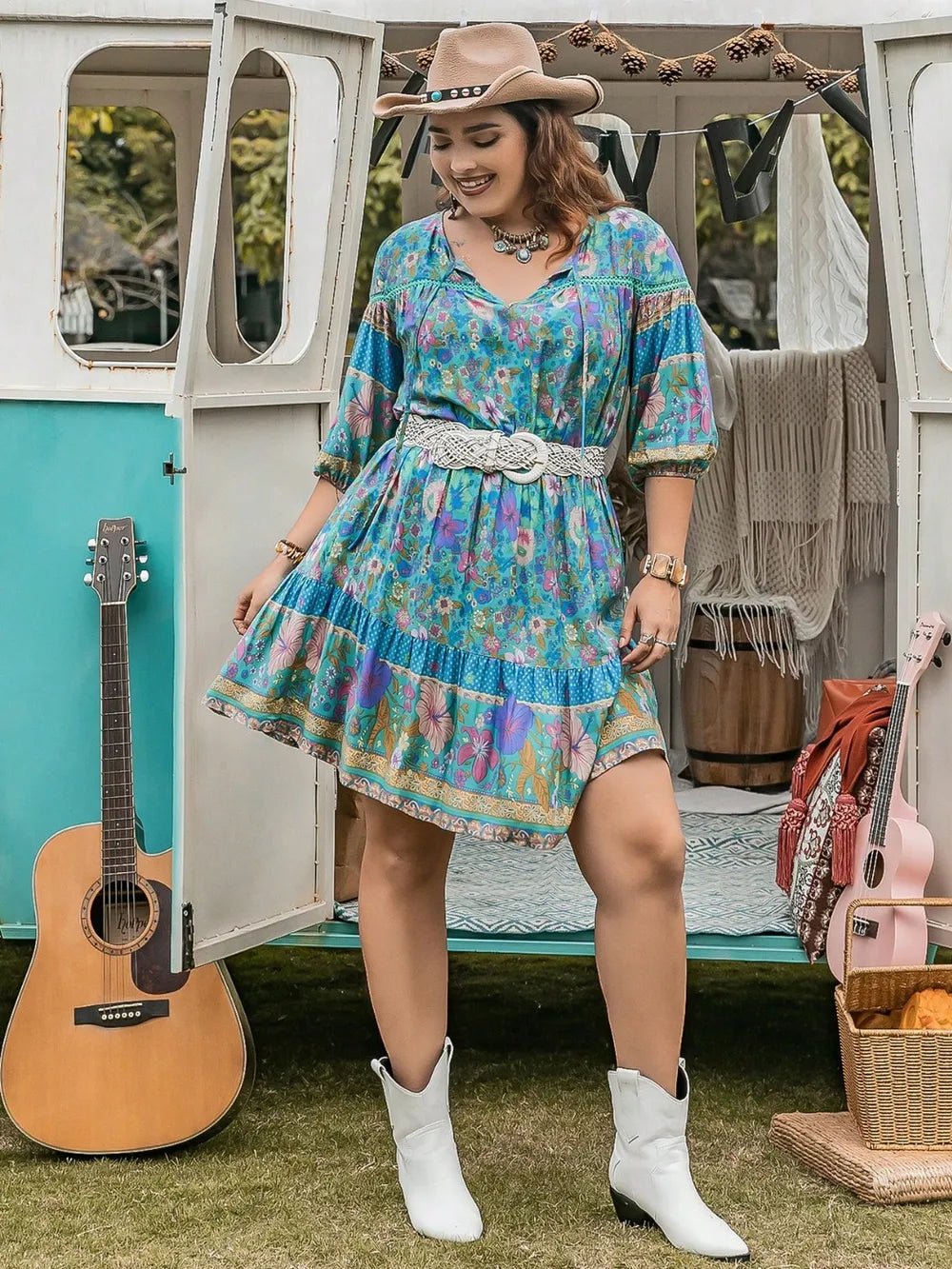 Plus Size Printed Tie Neck Mini Dress - MAD RUFFI