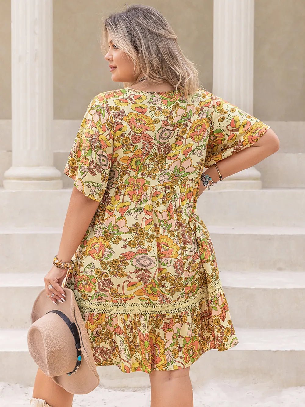 Plus Size Printed Tie Neck Short Sleeve Mini Dress - MAD RUFFI