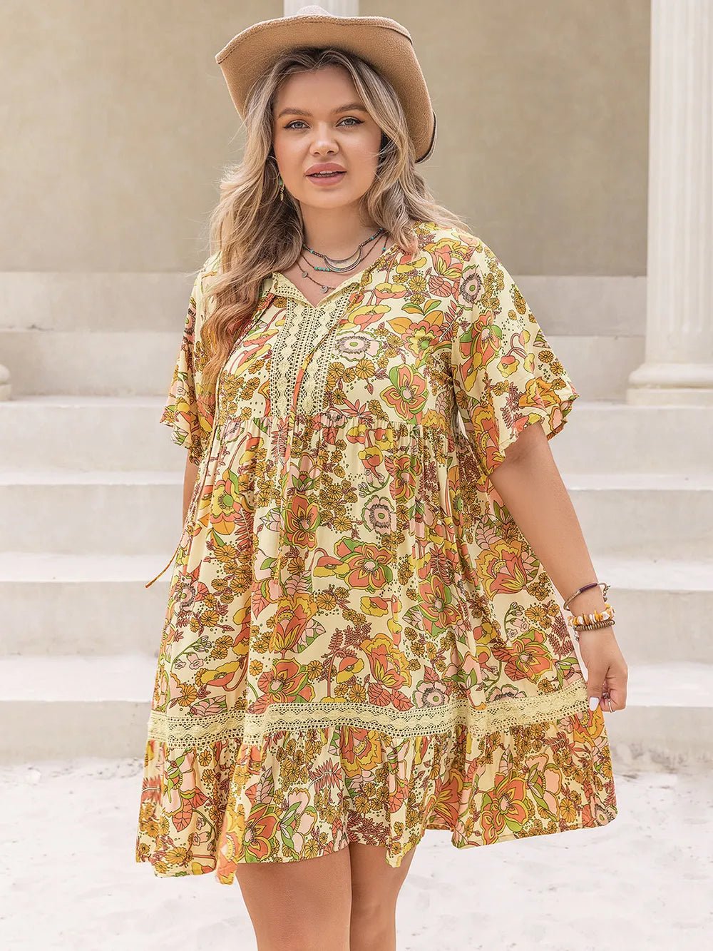 Plus Size Printed Tie Neck Short Sleeve Mini Dress - MAD RUFFI