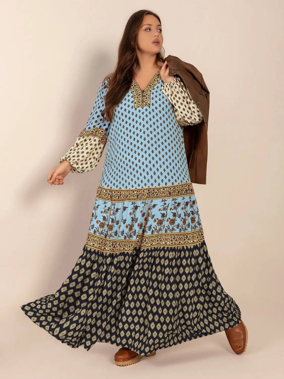 Plus Size Printed V - Neck Balloon Sleeve Maxi Dress - MAD RUFFI