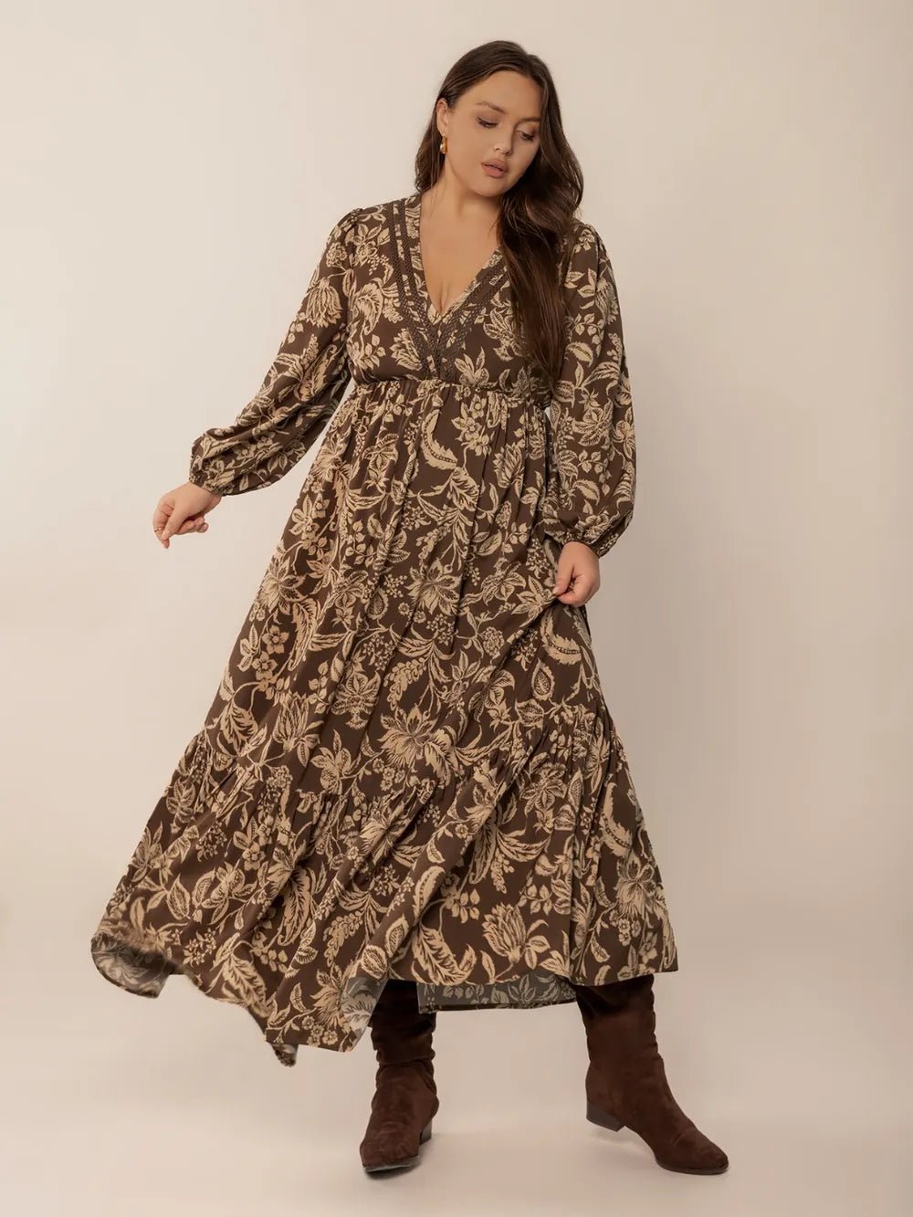 Plus Size Printed V - Neck Balloon Sleeve Maxi Dress - MAD RUFFI