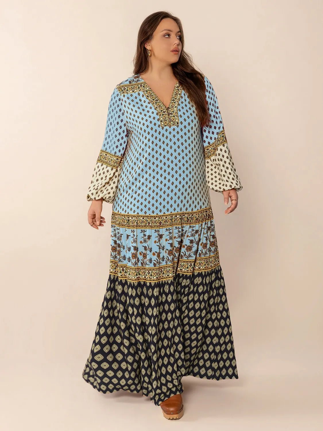 Plus Size Printed V - Neck Balloon Sleeve Maxi Dress - MAD RUFFI