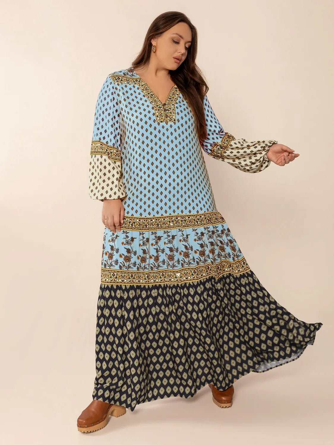 Plus Size Printed V - Neck Balloon Sleeve Maxi Dress - MAD RUFFI