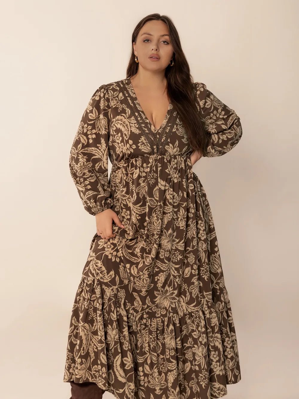 Plus Size Printed V - Neck Balloon Sleeve Maxi Dress - MAD RUFFI