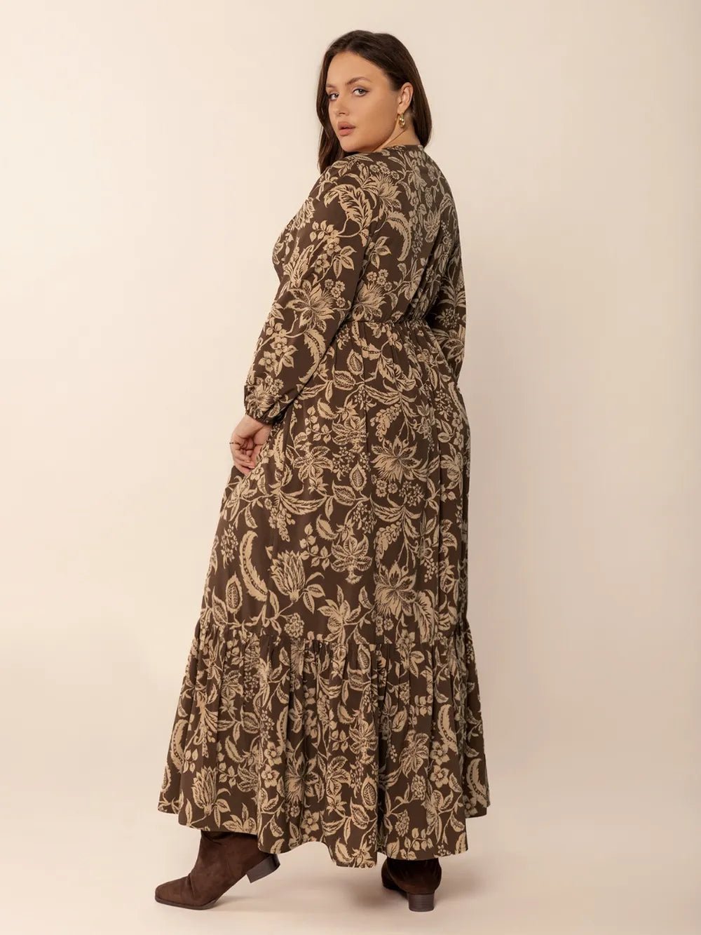 Plus Size Printed V - Neck Balloon Sleeve Maxi Dress - MAD RUFFI
