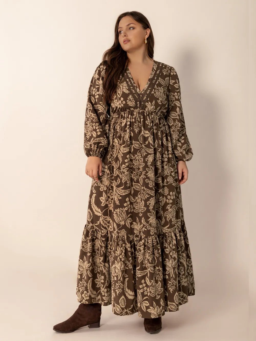 Plus Size Printed V - Neck Balloon Sleeve Maxi Dress - MAD RUFFI