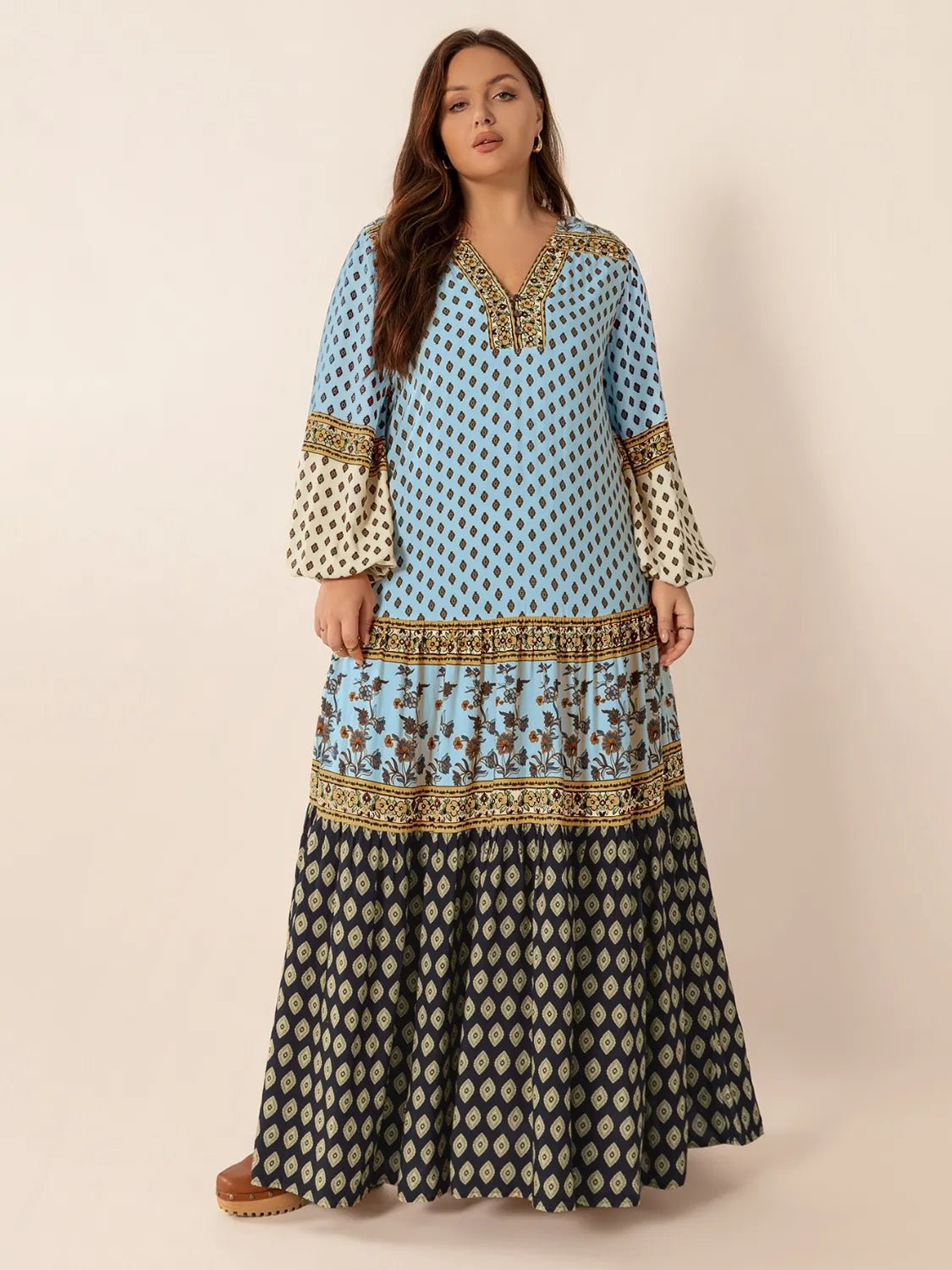 Plus Size Printed V - Neck Balloon Sleeve Maxi Dress - MAD RUFFI