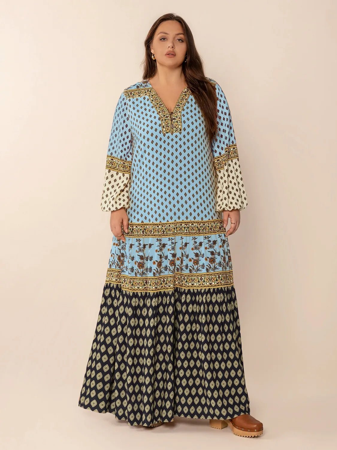 Plus Size Printed V - Neck Balloon Sleeve Maxi Dress - MAD RUFFI