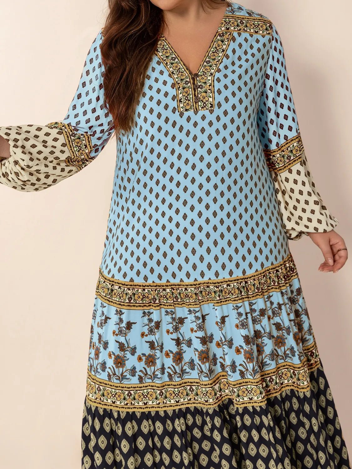 Plus Size Printed V - Neck Balloon Sleeve Maxi Dress - MAD RUFFI