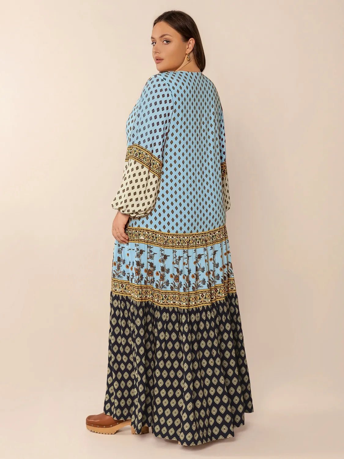 Plus Size Printed V - Neck Balloon Sleeve Maxi Dress - MAD RUFFI