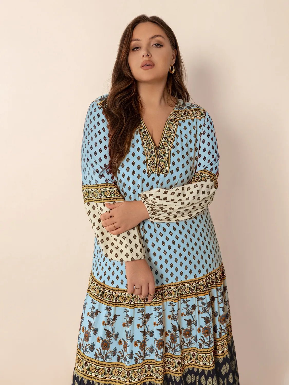 Plus Size Printed V - Neck Balloon Sleeve Maxi Dress - MAD RUFFI