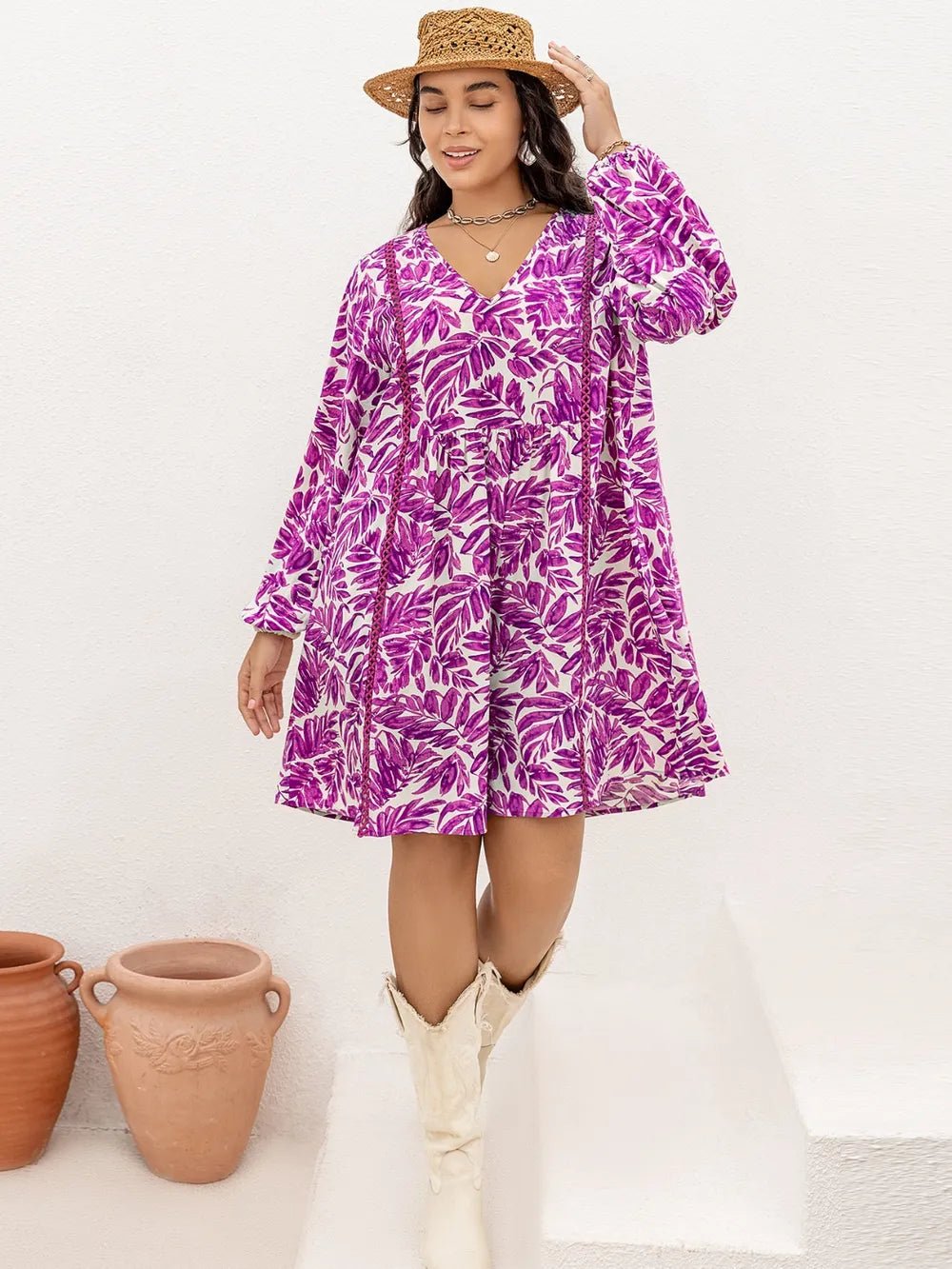 Plus Size Printed V - Neck Balloon Sleeve Mini Dress - MAD RUFFI