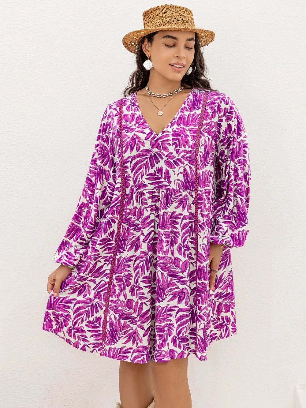 Plus Size Printed V - Neck Balloon Sleeve Mini Dress - MAD RUFFI