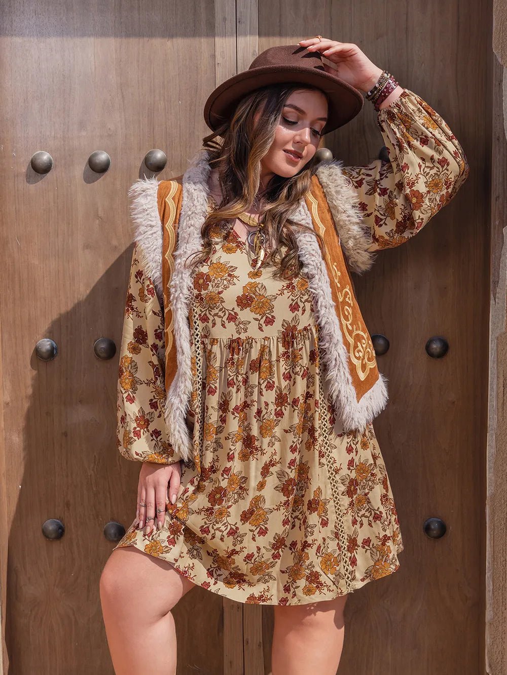 Plus Size Printed V - Neck Balloon Sleeve Mini Dress - MAD RUFFI