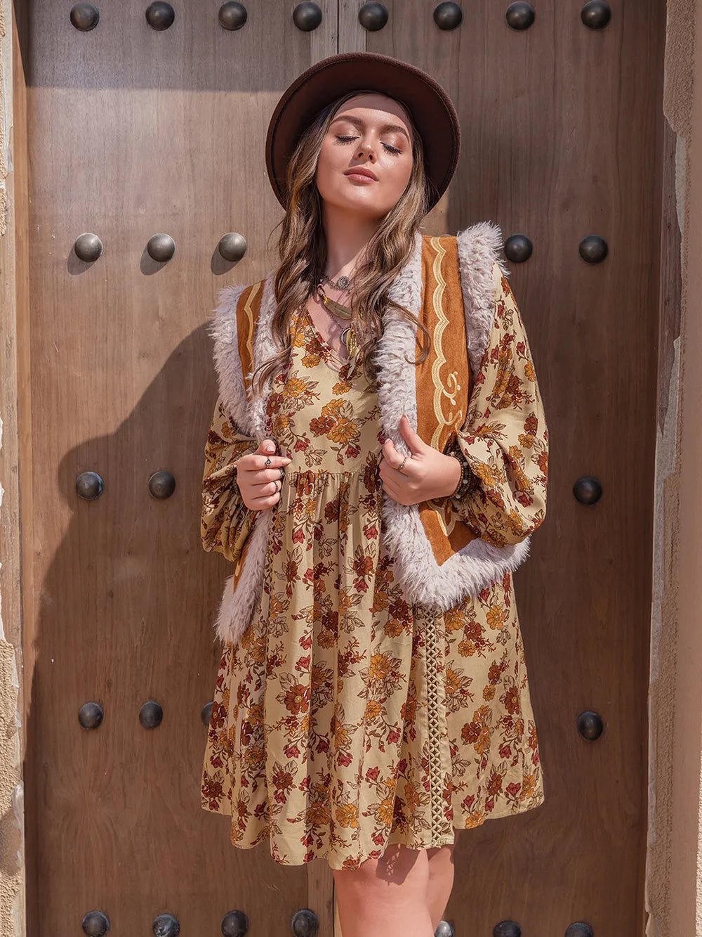 Plus Size Printed V - Neck Balloon Sleeve Mini Dress - MAD RUFFI