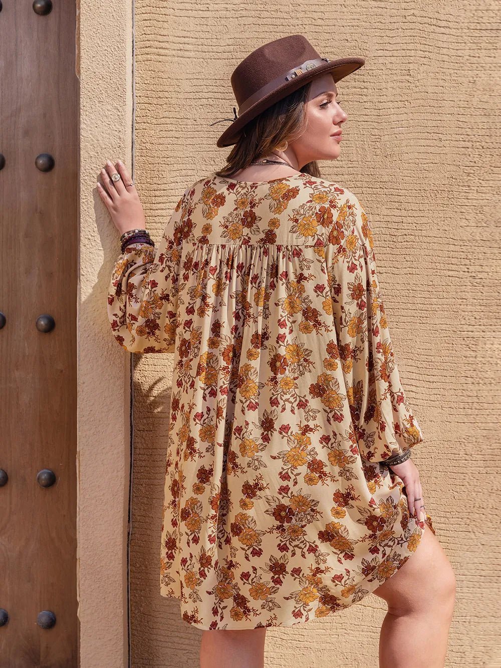 Plus Size Printed V - Neck Balloon Sleeve Mini Dress - MAD RUFFI