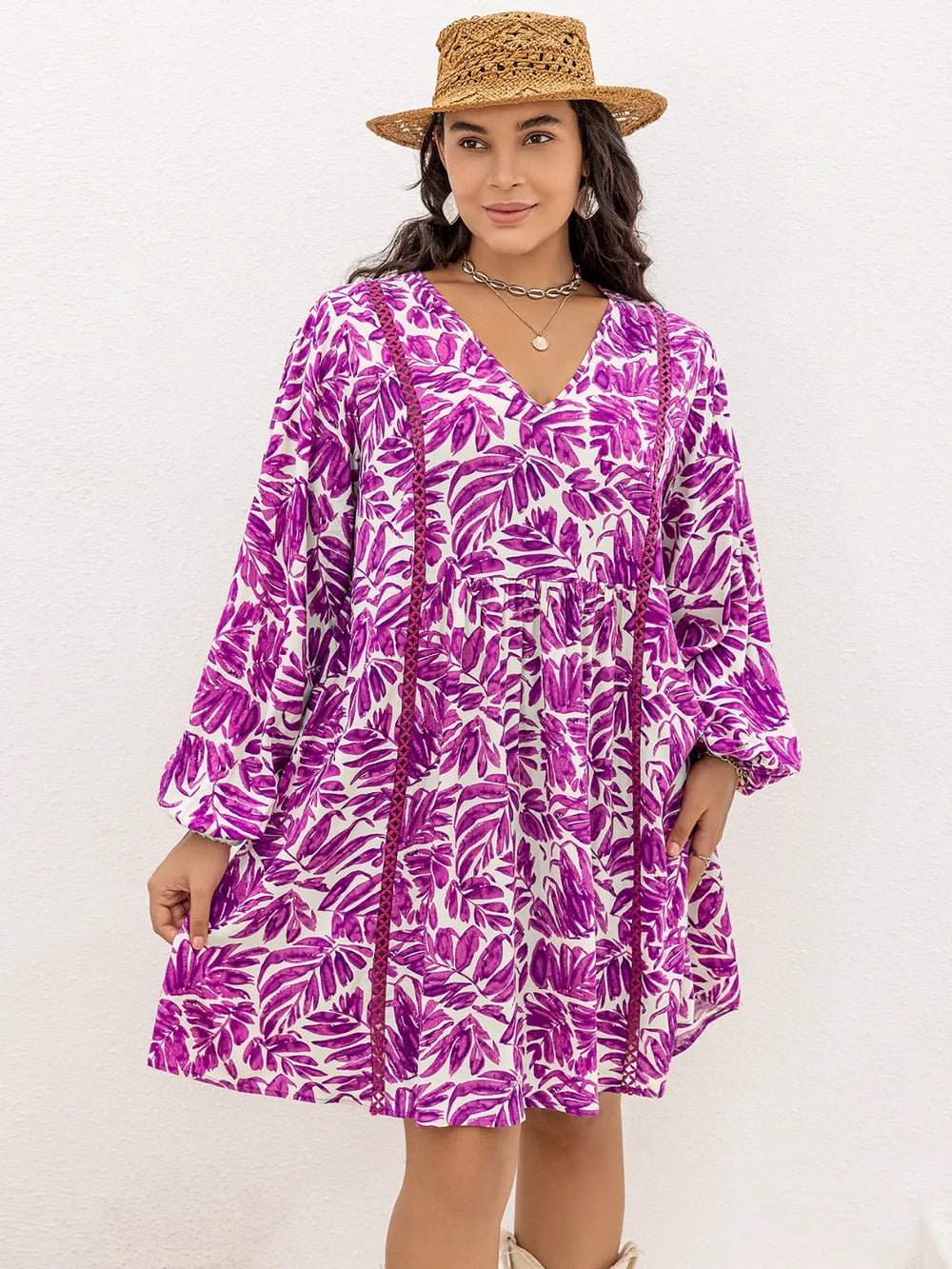 Plus Size Printed V - Neck Balloon Sleeve Mini Dress - MAD RUFFI