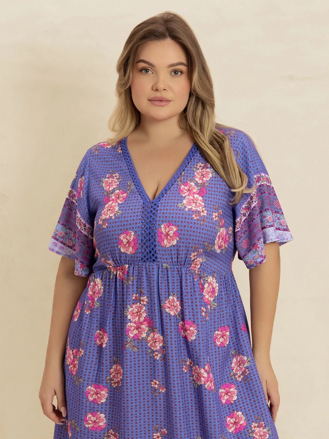 Plus Size Printed V - Neck Flutter Sleeve Dress - MAD RUFFI