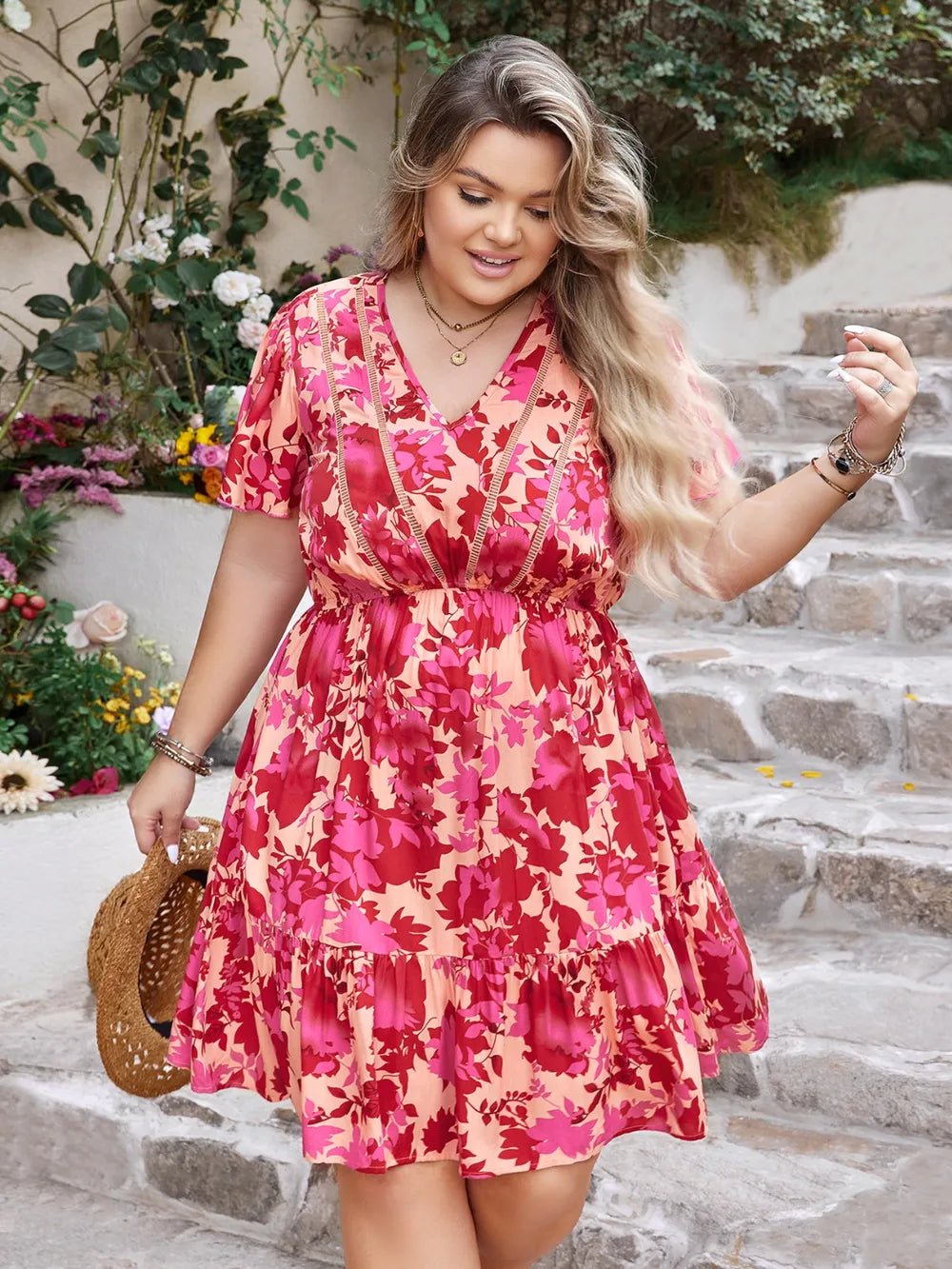 Plus Size Printed V - Neck Flutter Sleeve Dress - MAD RUFFI