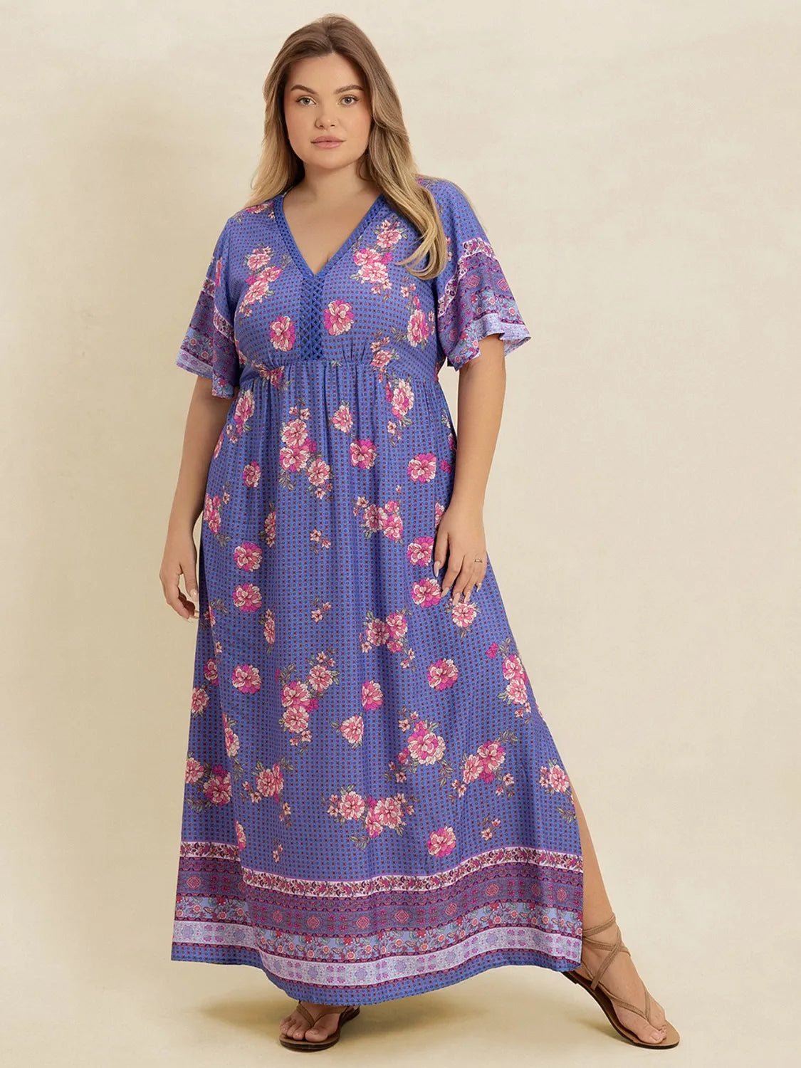 Plus Size Printed V - Neck Flutter Sleeve Dress - MAD RUFFI
