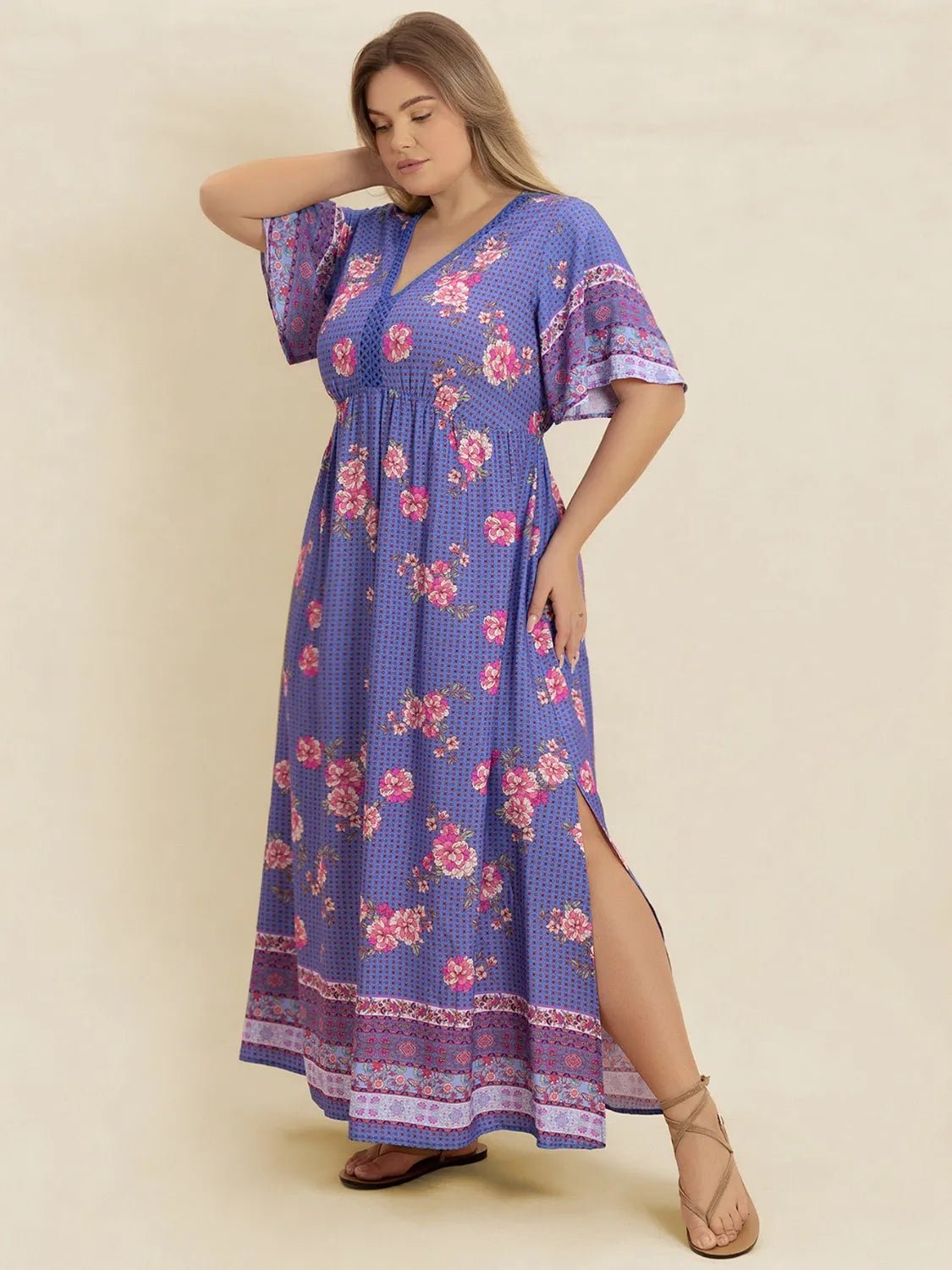 Plus Size Printed V - Neck Flutter Sleeve Dress - MAD RUFFI