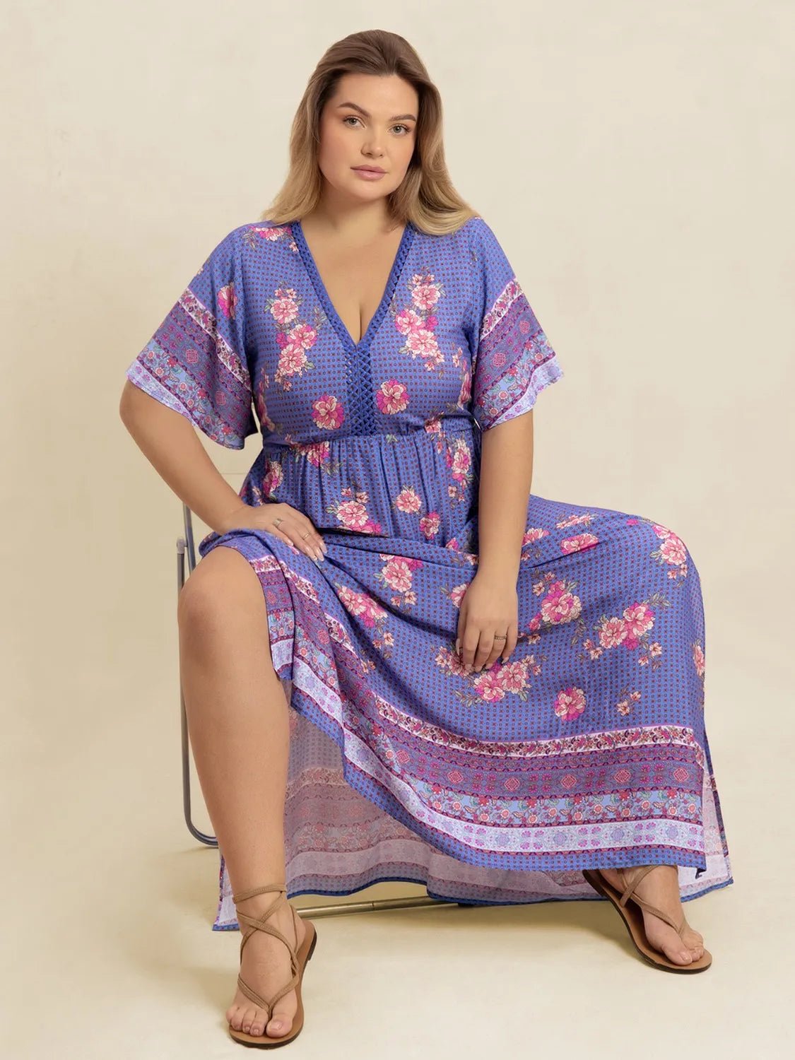 Plus Size Printed V - Neck Flutter Sleeve Dress - MAD RUFFI