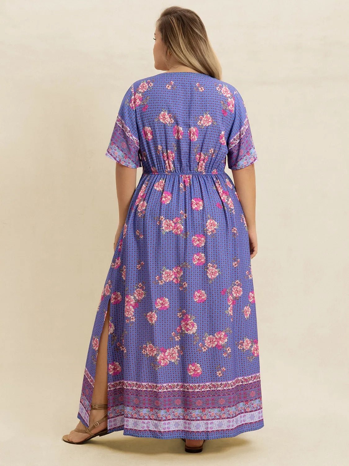 Plus Size Printed V - Neck Flutter Sleeve Dress - MAD RUFFI