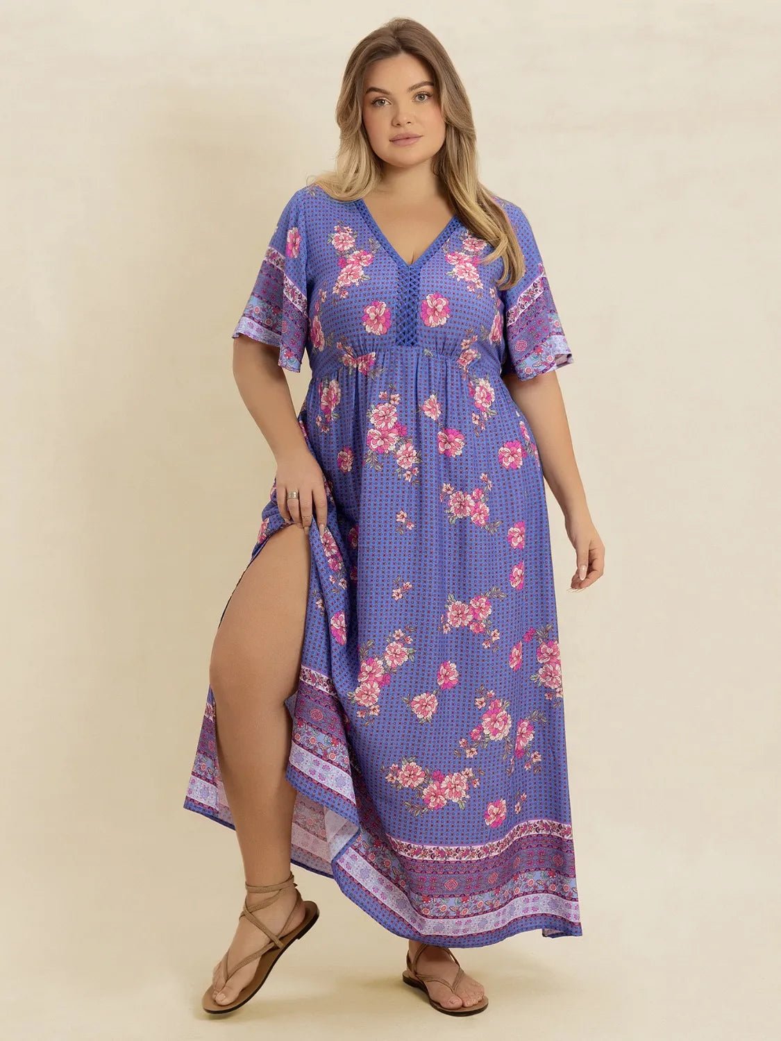 Plus Size Printed V - Neck Flutter Sleeve Dress - MAD RUFFI