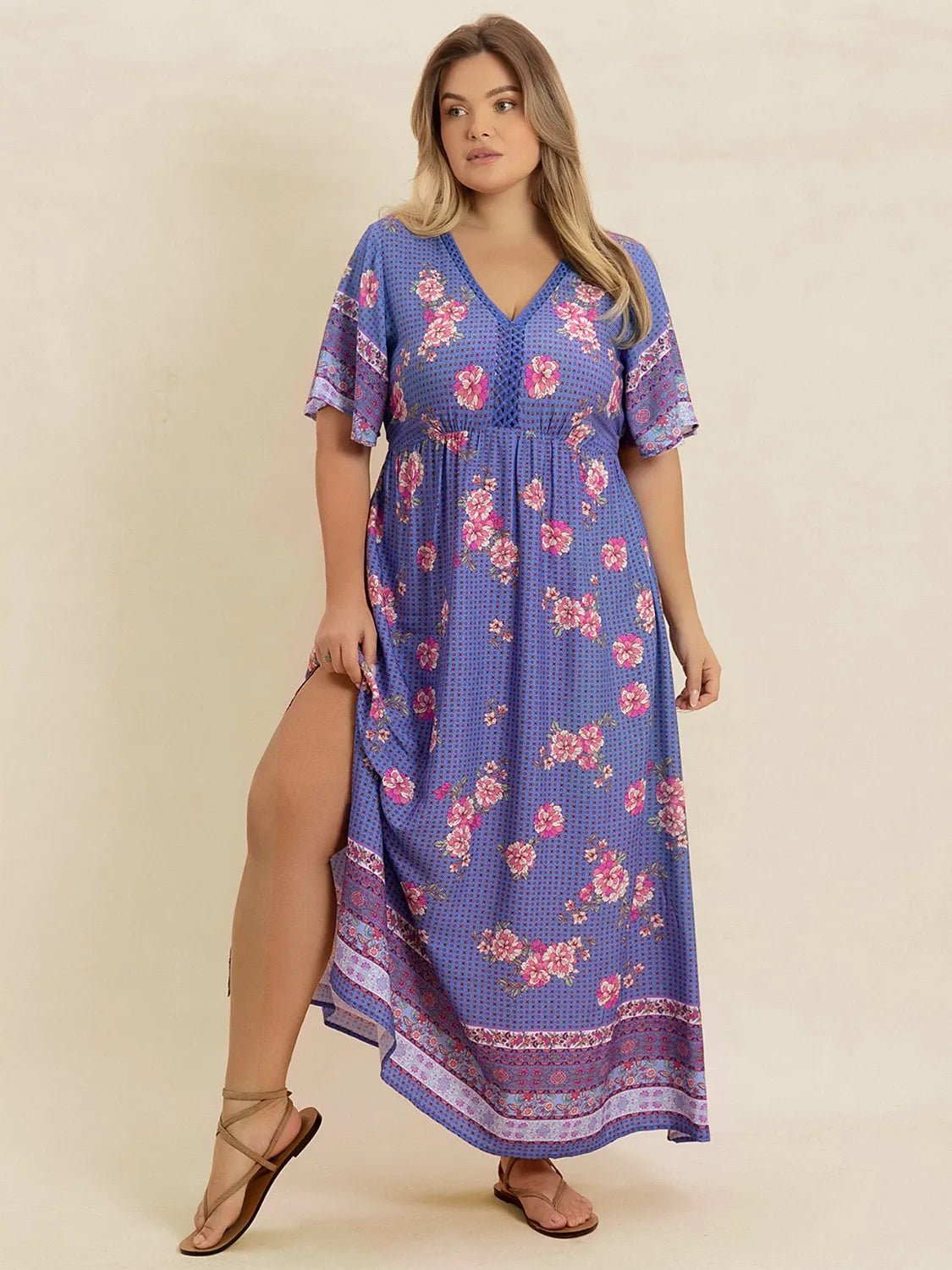 Plus Size Printed V - Neck Flutter Sleeve Dress - MAD RUFFI