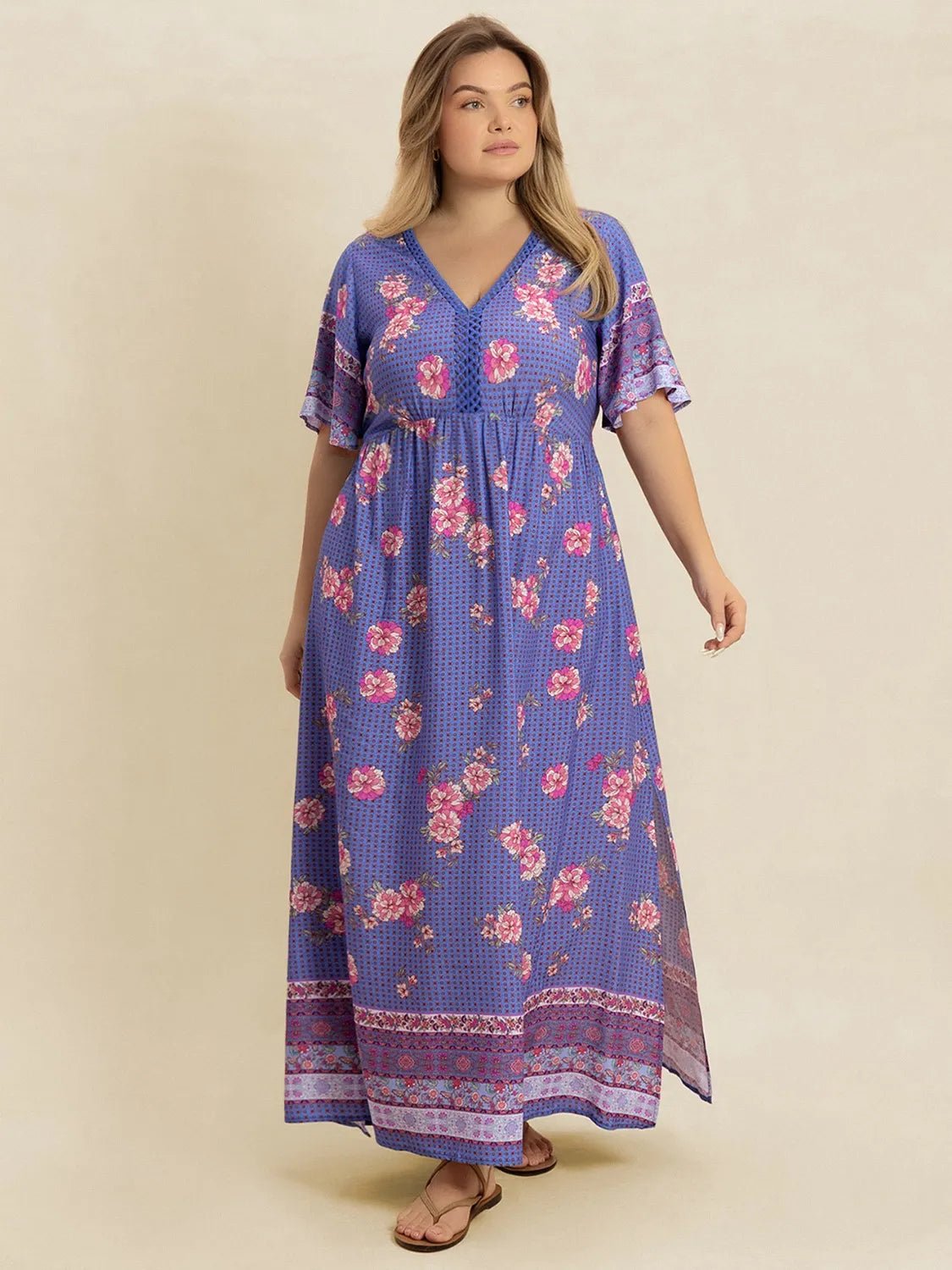 Plus Size Printed V - Neck Flutter Sleeve Dress - MAD RUFFI