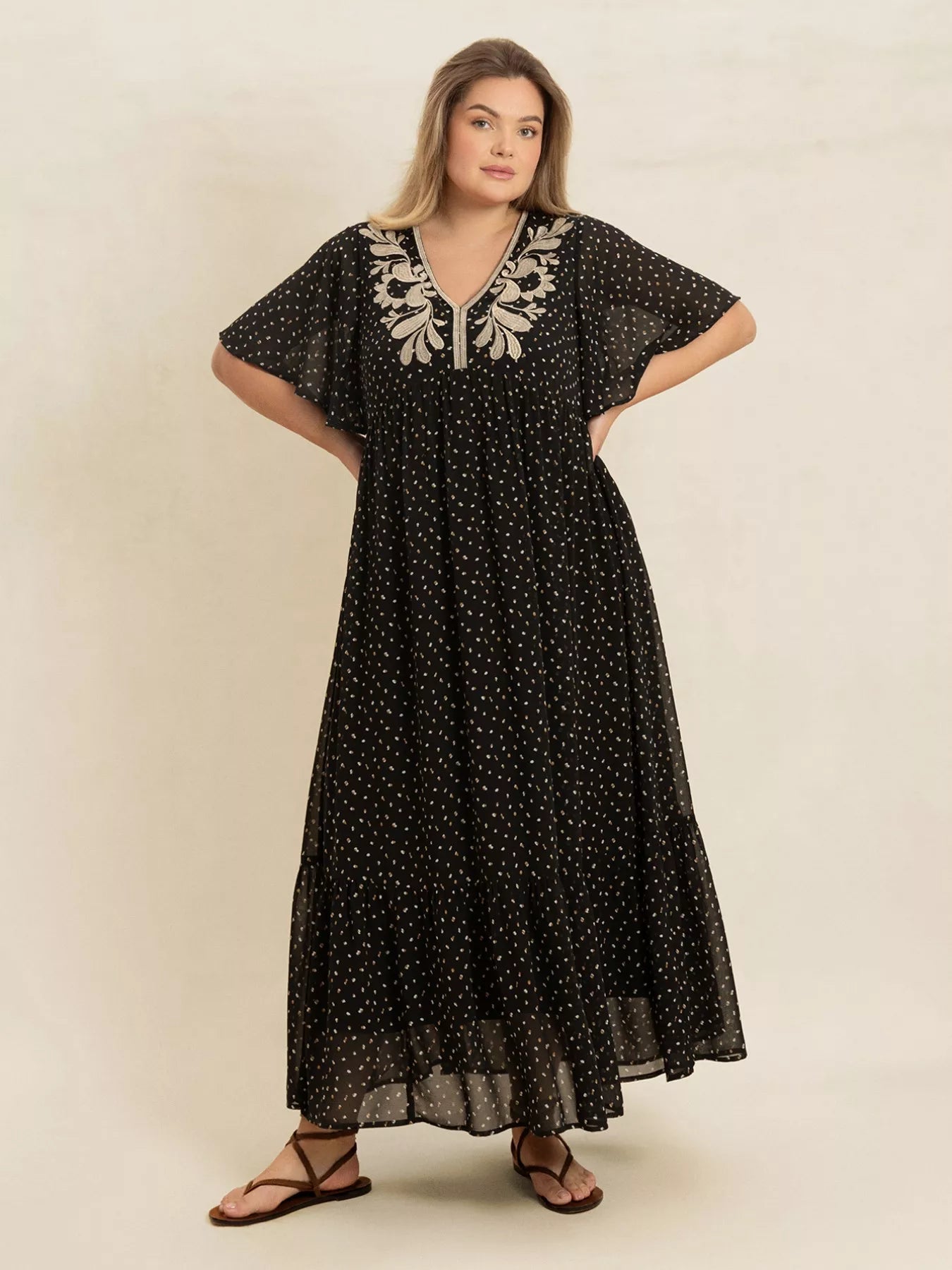 Plus Size Printed V - Neck Flutter Sleeve Maxi Dress - MAD RUFFI