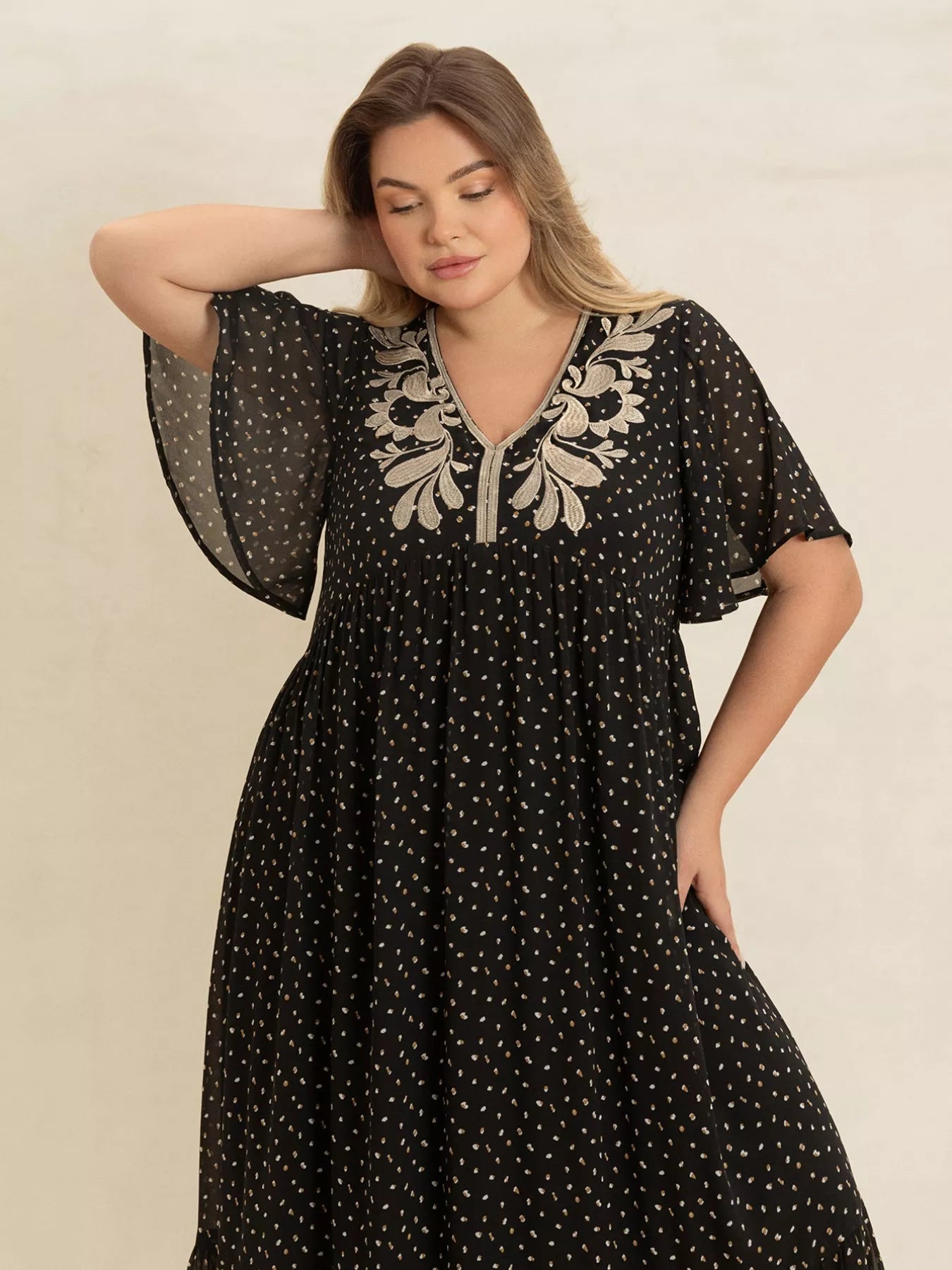 Plus Size Printed V - Neck Flutter Sleeve Maxi Dress - MAD RUFFI