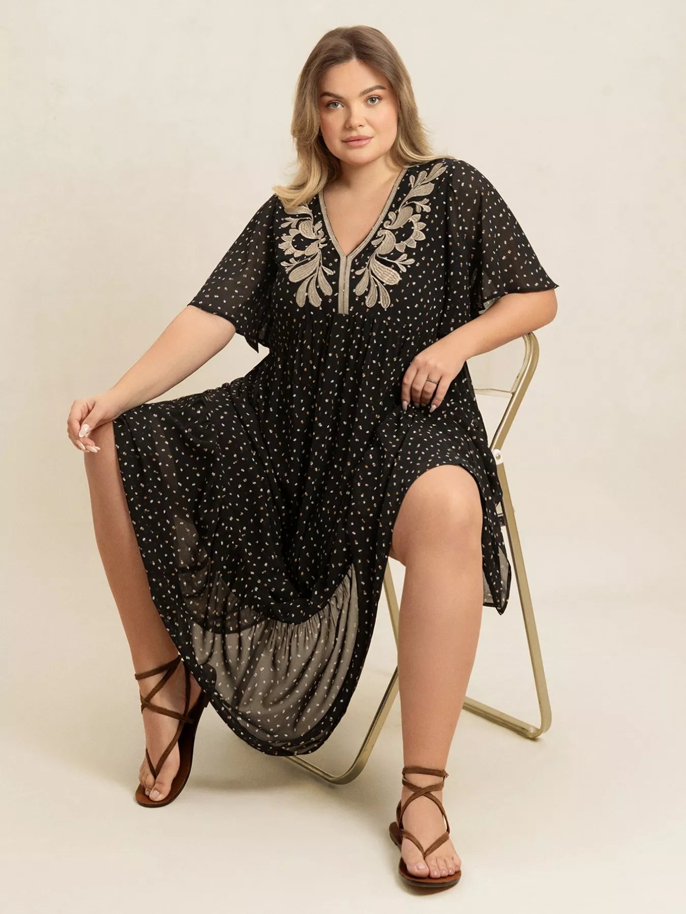 Plus Size Printed V - Neck Flutter Sleeve Maxi Dress - MAD RUFFI