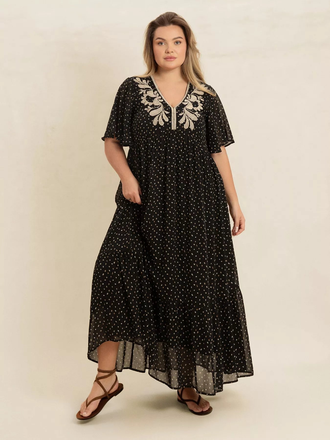 Plus Size Printed V - Neck Flutter Sleeve Maxi Dress - MAD RUFFI