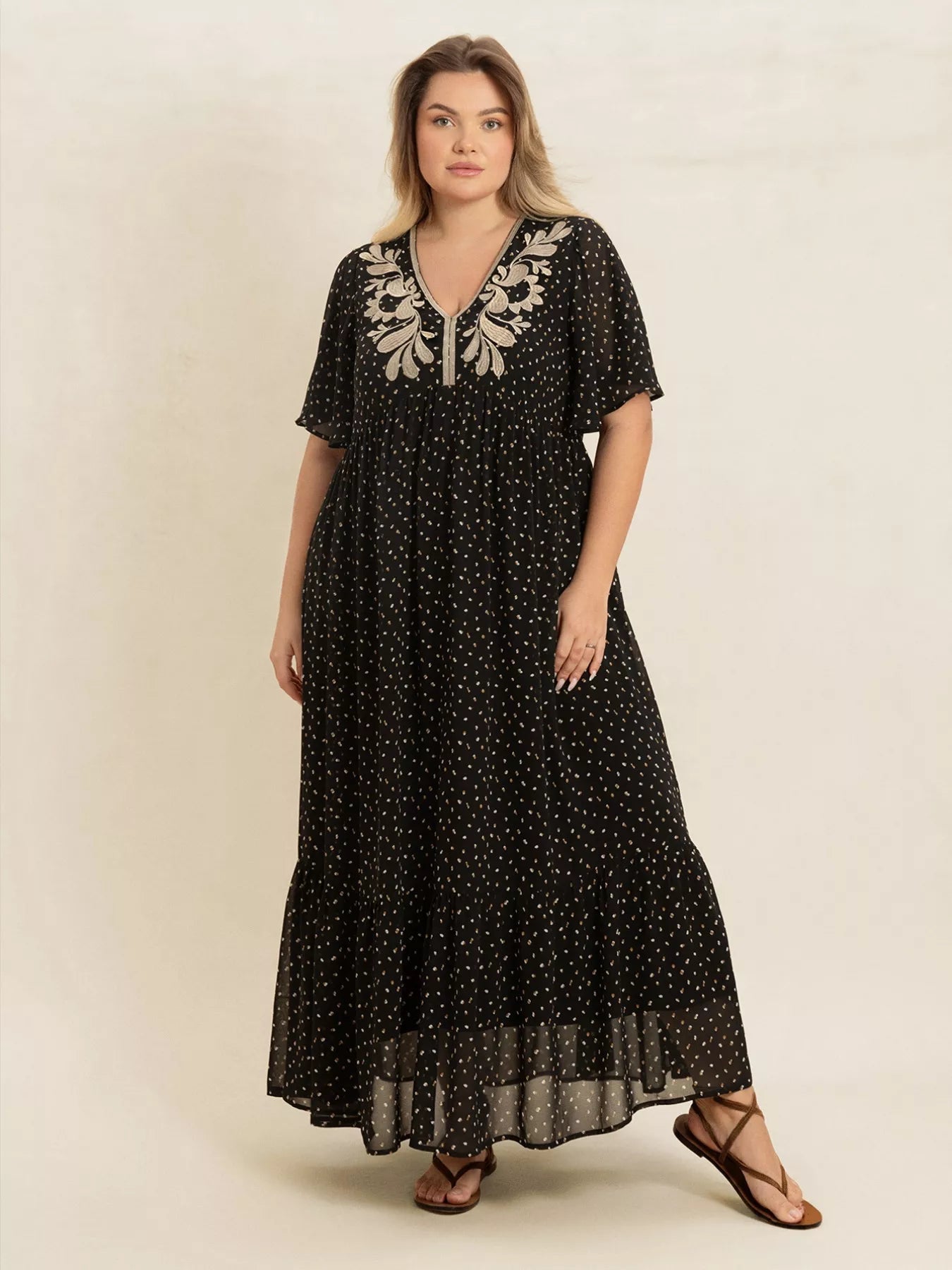Plus Size Printed V - Neck Flutter Sleeve Maxi Dress - MAD RUFFI