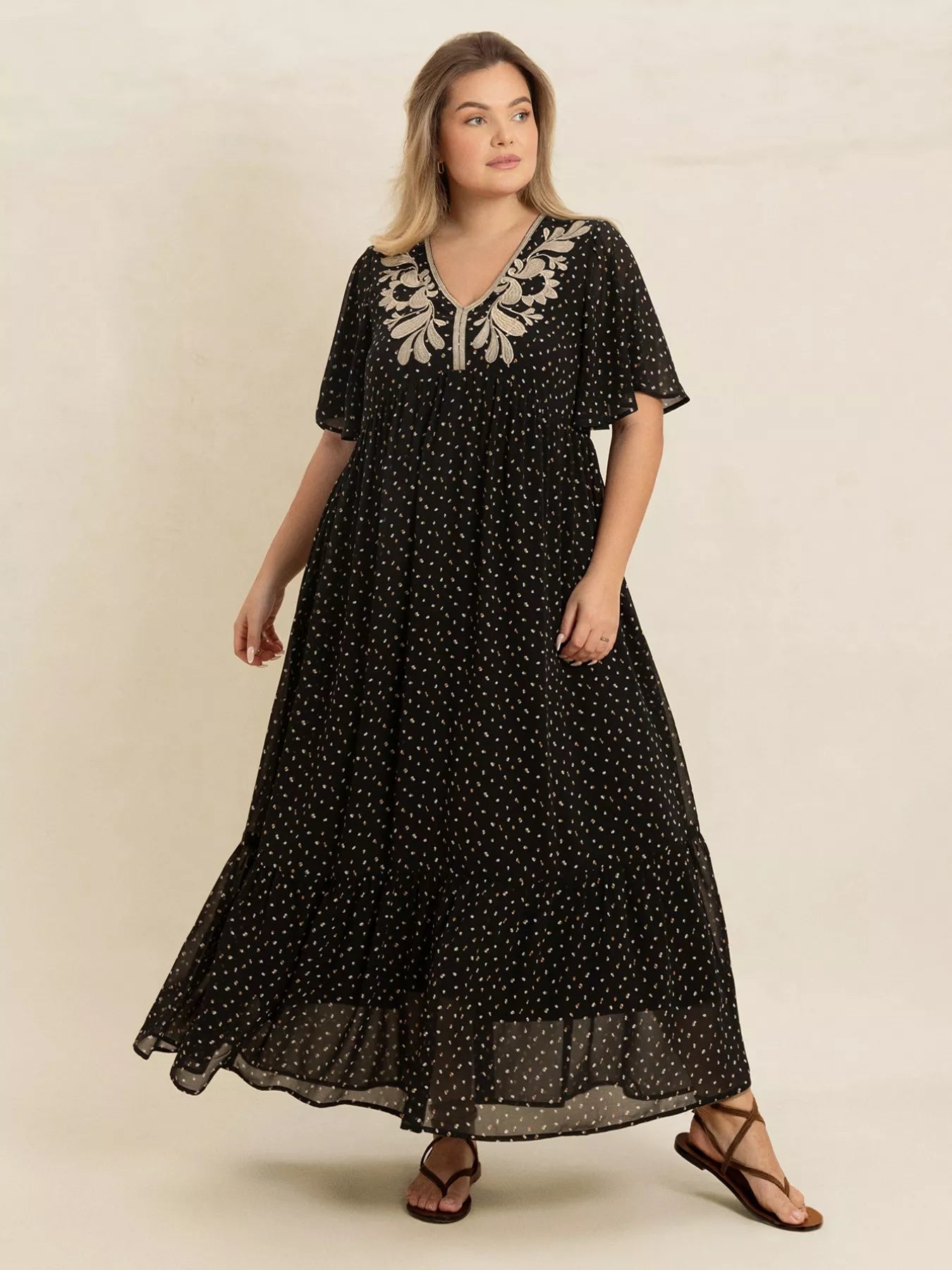 Plus Size Printed V - Neck Flutter Sleeve Maxi Dress - MAD RUFFI