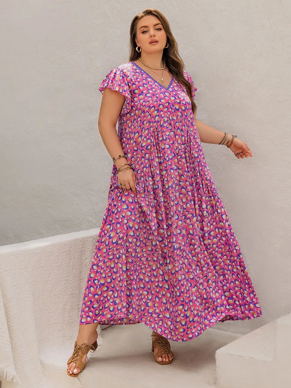 Plus Size Printed V - Neck Flutter Sleeve Tie Waist Maxi Dress - MAD RUFFI