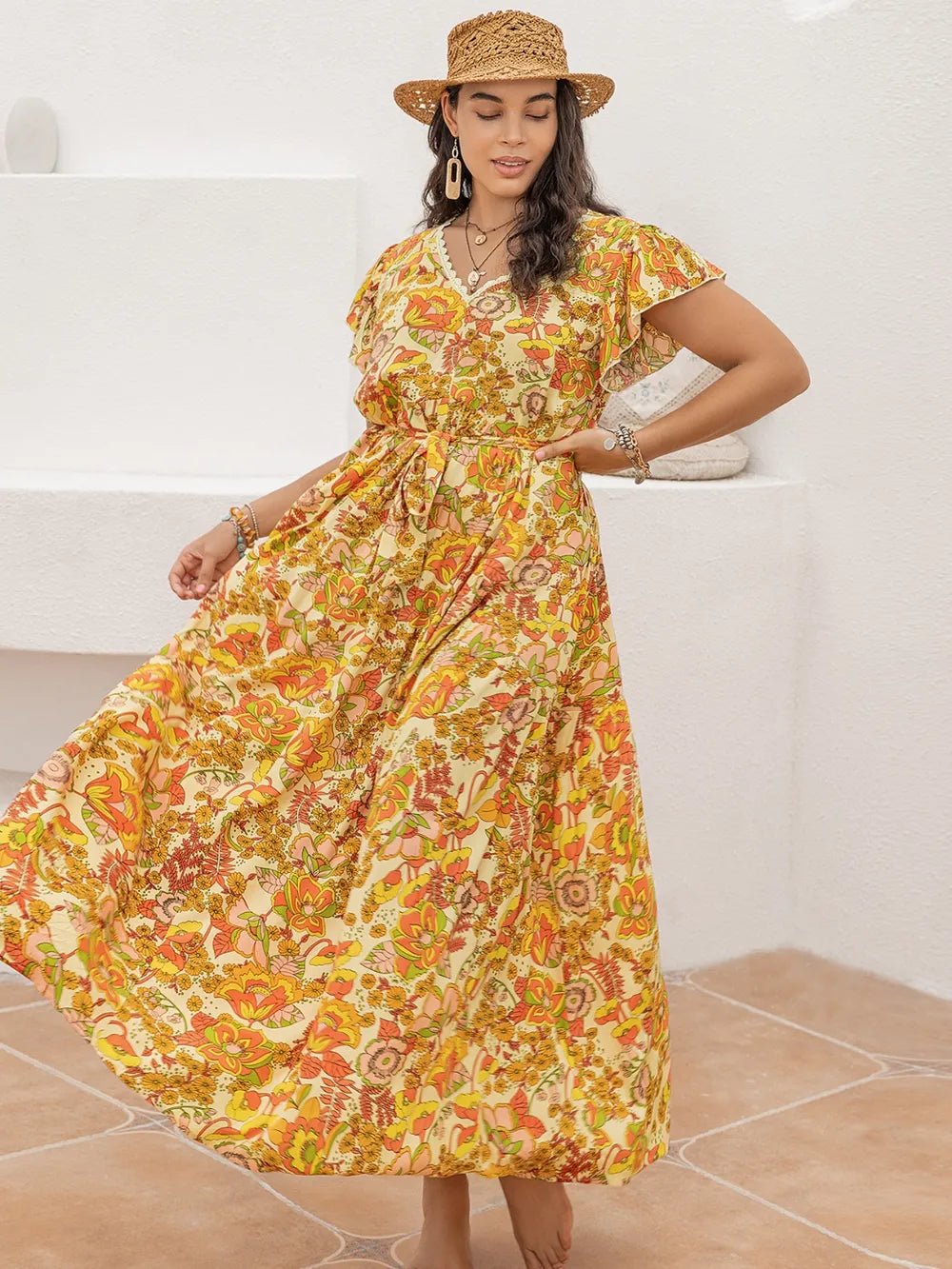 Plus Size Printed V - Neck Flutter Sleeve Tie Waist Maxi Dress - MAD RUFFI