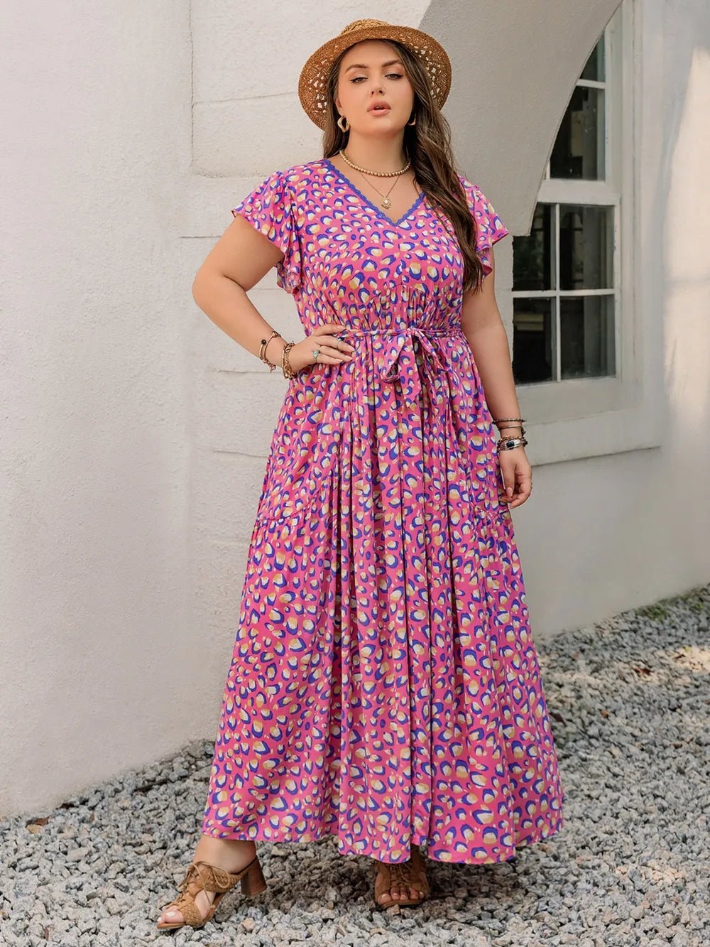 Plus Size Printed V - Neck Flutter Sleeve Tie Waist Maxi Dress - MAD RUFFI