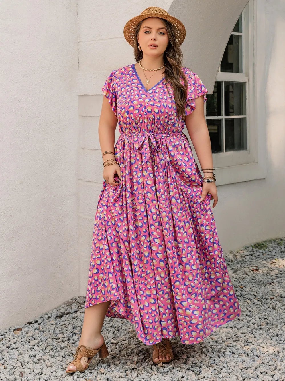 Plus Size Printed V - Neck Flutter Sleeve Tie Waist Maxi Dress - MAD RUFFI