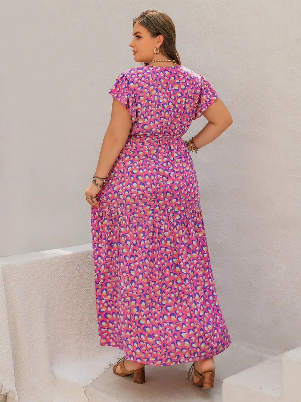Plus Size Printed V - Neck Flutter Sleeve Tie Waist Maxi Dress - MAD RUFFI