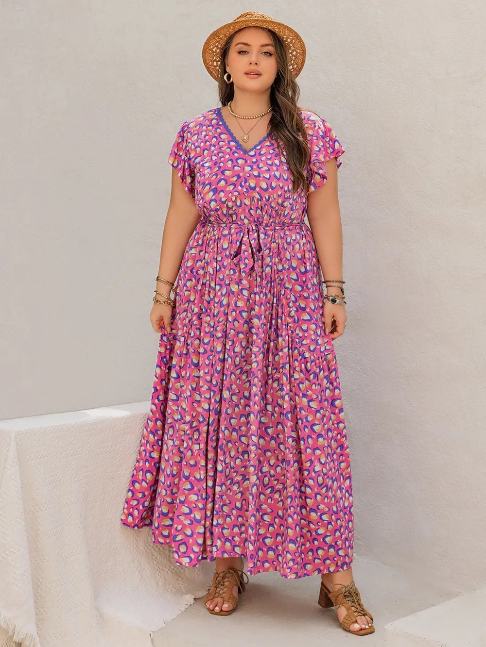 Plus Size Printed V - Neck Flutter Sleeve Tie Waist Maxi Dress - MAD RUFFI
