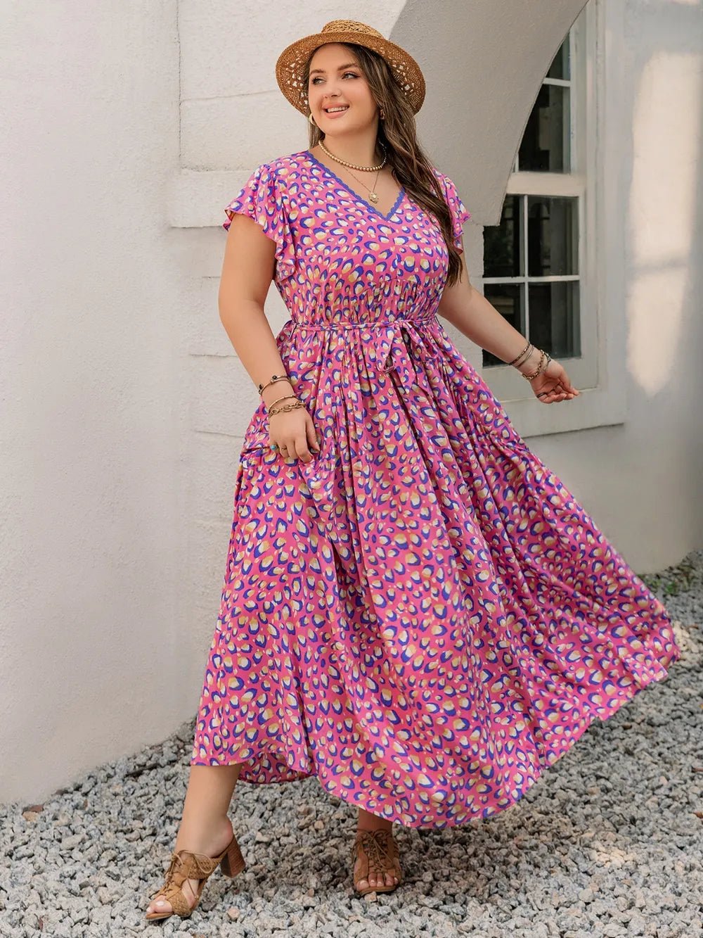 Plus Size Printed V - Neck Flutter Sleeve Tie Waist Maxi Dress - MAD RUFFI