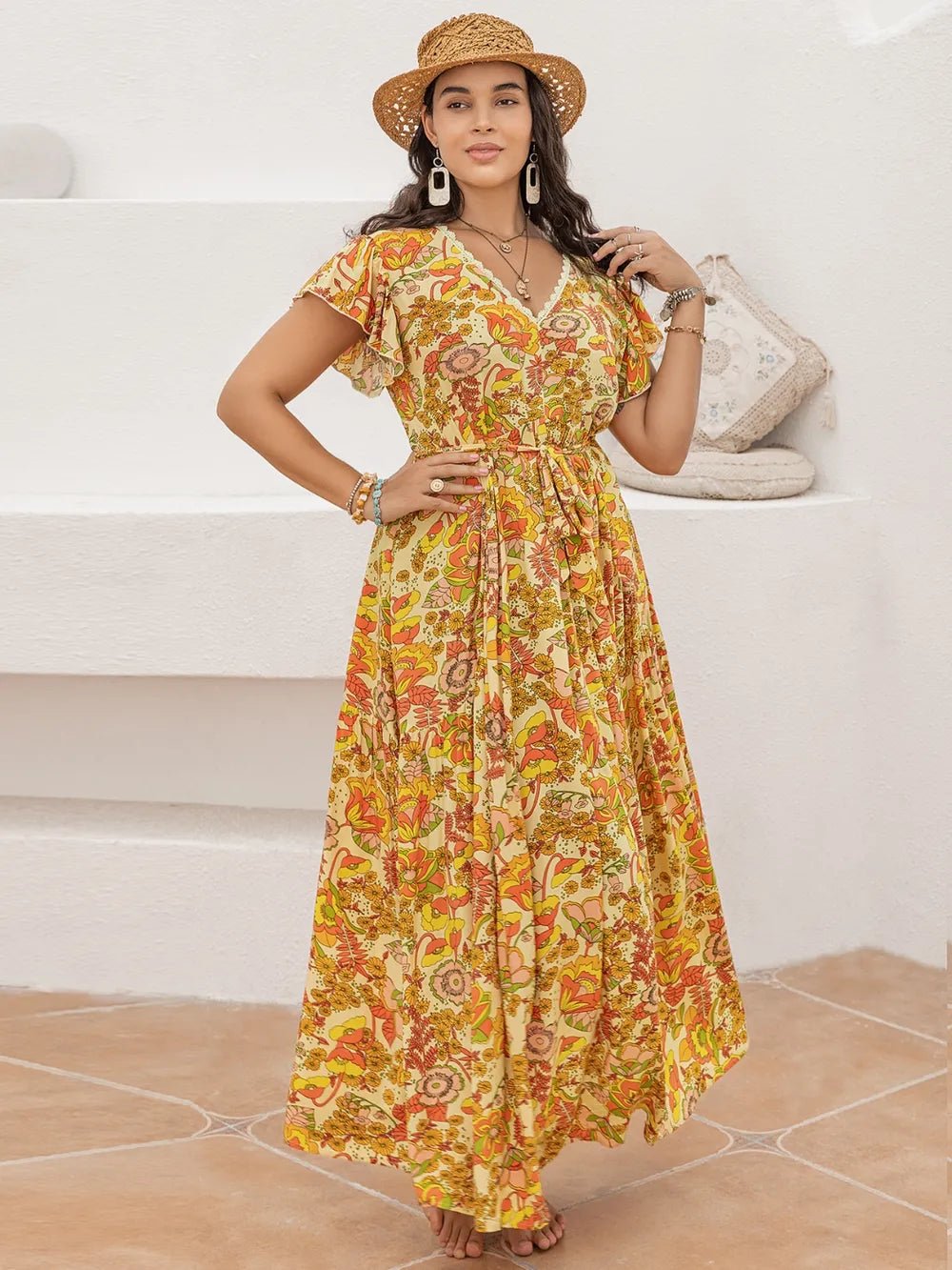 Plus Size Printed V - Neck Flutter Sleeve Tie Waist Maxi Dress - MAD RUFFI